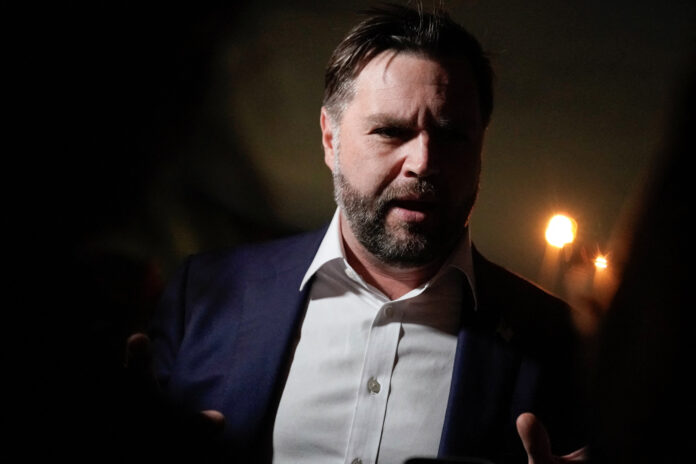 US Vice President Vance speaks with reporters upon his arrival at Joint Base Andrews